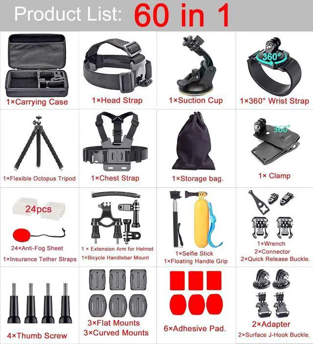 Alt view image 5 of 7 - 60 in 1 Camera Accessories Kit Compatible with GoPro Hero 12 11 10 9 8 7, GoPro Max, GoPro Fusion, DJI Osmo Action, AKASO, APEMAN, Campark, SJCAM