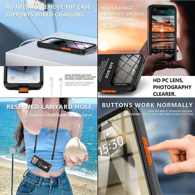 Alt view image 7 of 7 - Waterproof Case for iPhone 15 15 Pro 14 14 Pro 13 13 Pro 12 12 Pro 6.1 inch [Built-in Screen Protector] [Full Body Shockproof] [IP68 Underwater] [Dustproof] [Dropproof] Protective Phone Cover