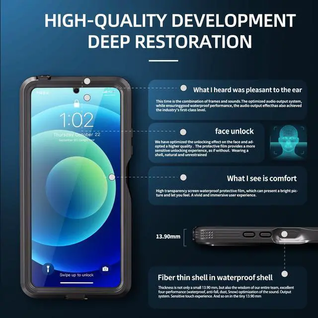Alt view image 4 of 7 - Waterproof Case for Xiaomi Redmi Note 13 5G, IP68 Waterproof 360 Degree Protection Protective Cover Shockproof Cover with Built-in Screen Protector