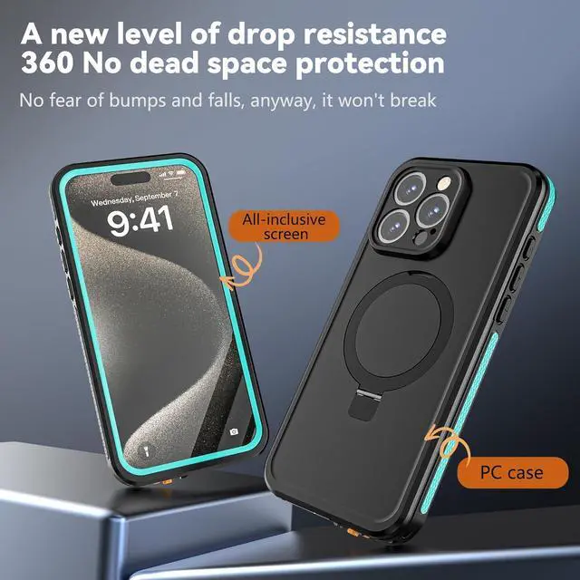Alt view image 6 of 7 - for iPhone 15 Pro Max Waterproof Case with Stand Compatible with MagSafe, Full Body Magnetic IP69 Underwater Case Built-in Screen Protector Military Grade Shockproof Case for Men Women Blue