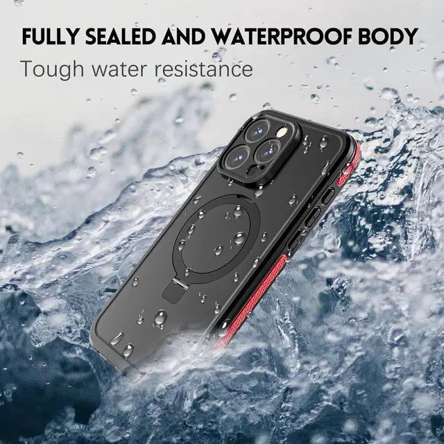 Alt view image 3 of 7 - for iPhone 15 Pro Max Waterproof Case with Stand Compatible with MagSafe, Full Body Magnetic IP69 Underwater Case Built-in Screen Protector Military Grade Shockproof Case for Men Women Red