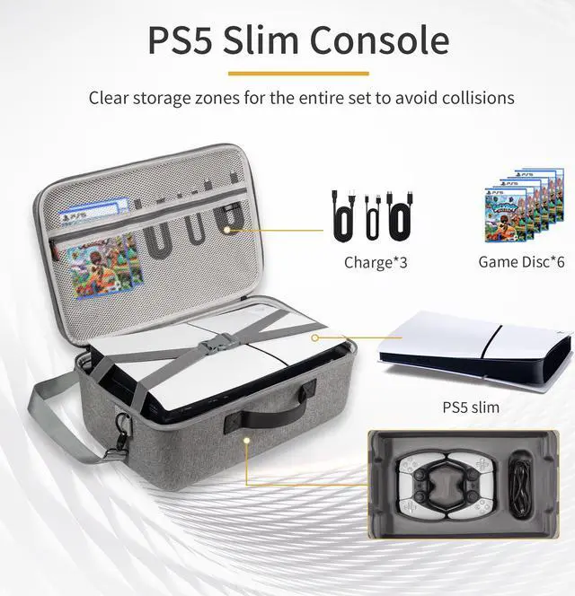 Alt view image 6 of 6 - Carrying Case Compatible with PS5 Slim, Hard Shell Travel Case for Playstation 5 Slim Console Controller, Large Capacity Protective Storage Bag for VR Games Accessories