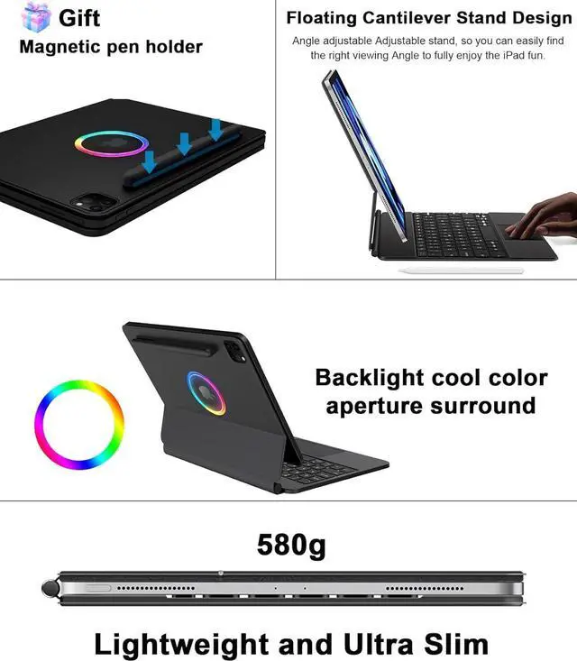 Alt view image 3 of 7 - Keyboard Case for iPad Air 5th/4th Generation 10.9 inch 2022/2020, iPad Pro 11 4th/3rd/2nd/1st Gen, Wireless Bluetooth Magnetic iPad Keyboard Case with Detachable Pencil Holder, Trackpad, RGB Backlit