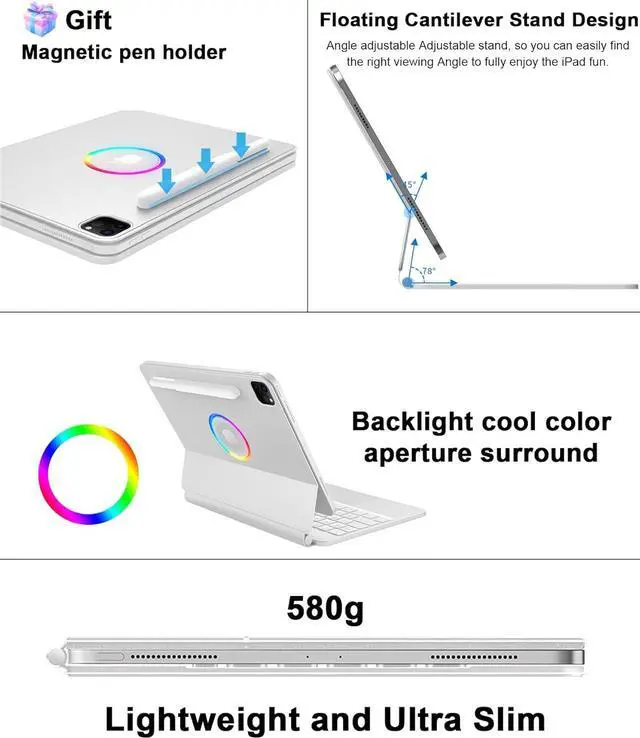 Alt view image 2 of 7 - Keyboard Case for iPad Air 5th/4th Generation 10.9 inch 2022/2020, iPad Pro 11 4th/3rd/2nd/1st Gen, Wireless Bluetooth Magnetic Keyboard Case with Detachable Pencil Holder, Trackpad, RGB Backlit White