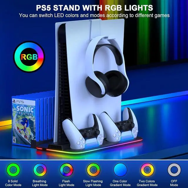 Alt view image 3 of 7 - BONAEVER PS5 Slim Stand and Turbo Cooling Station with Controller Charging Station for Playsation 5, PS5 Accessories Kits with Cooling Fan, RGB LED, 15 Game Slot, Headset Holder for PS5 Digital/Disc