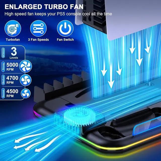 Alt view image 2 of 7 - BONAEVER PS5 Slim Stand and Turbo Cooling Station with Controller Charging Station for Playsation 5, PS5 Accessories Kits with Cooling Fan, RGB LED, 15 Game Slot, Headset Holder for PS5 Digital/Disc
