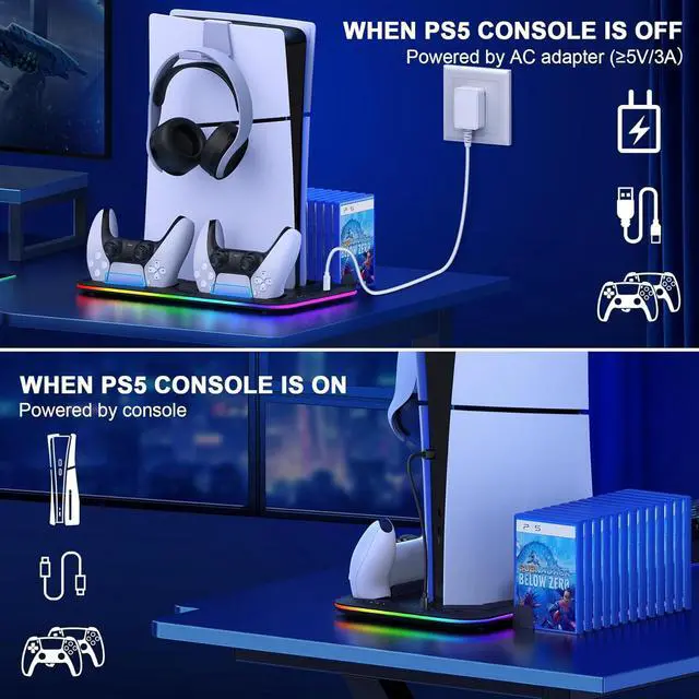 Alt view image 5 of 7 - BONAEVER PS5 Slim Stand and Turbo Cooling Station with Controller Charging Station for Playsation 5, PS5 Accessories Kits with Cooling Fan, RGB LED, 15 Game Slot, Headset Holder for PS5 Digital/Disc