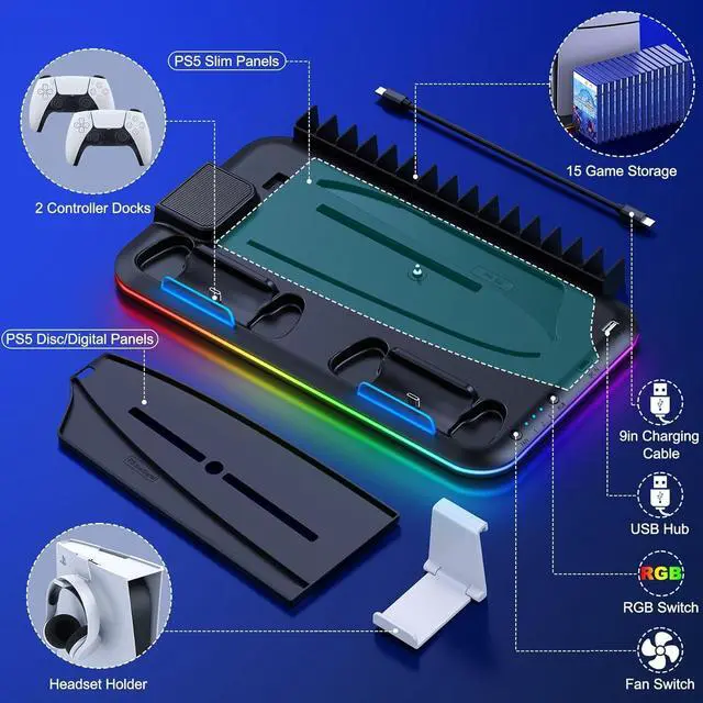 Alt view image 6 of 7 - BONAEVER PS5 Slim Stand and Turbo Cooling Station with Controller Charging Station for Playsation 5, PS5 Accessories Kits with Cooling Fan, RGB LED, 15 Game Slot, Headset Holder for PS5 Digital/Disc