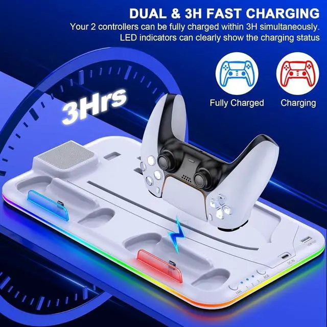 Alt view image 4 of 7 - BONAEVER PS5 Slim Stand and Turbo Cooling Station with Controller Charging Station for Playsation 5, PS5 Accessories Kits with Cooling Fan, RGB LED, 15 Game Slot, Headset Holder for PS5 Digital/Disc
