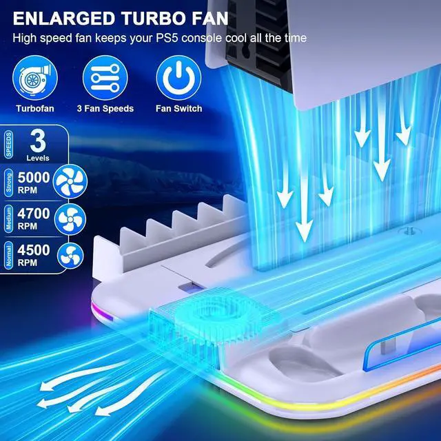 Alt view image 7 of 7 - BONAEVER PS5 Slim Stand and Turbo Cooling Station with Controller Charging Station for Playsation 5, PS5 Accessories Kits with Cooling Fan, RGB LED, 15 Game Slot, Headset Holder for PS5 Digital/Disc