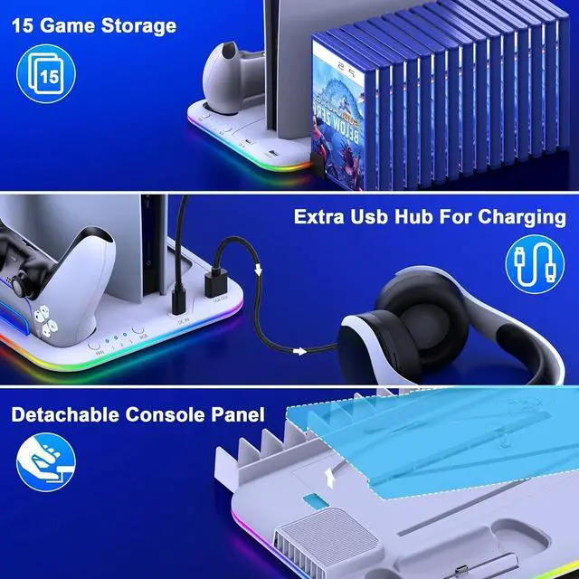 Alt view image 6 of 7 - BONAEVER PS5 Slim Stand and Turbo Cooling Station with Controller Charging Station for Playsation 5, PS5 Accessories Kits with Cooling Fan, RGB LED, 15 Game Slot, Headset Holder for PS5 Digital/Disc