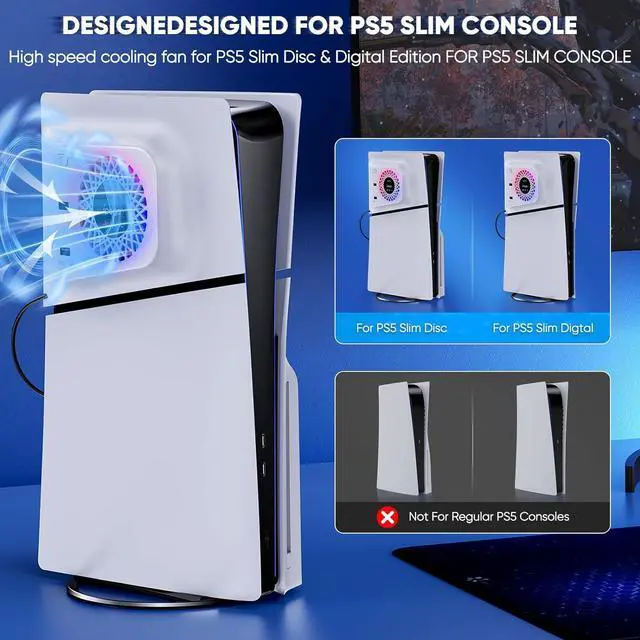 Alt view image 5 of 7 - BONAEVER RGB Cooling Fan with Plate Cover for PS5 Slim Digital/Disc, Auto Speed Adjustable by Temperature Sensor, 3 Fan Speed Manual & USB3.0 Hubs, Cooler System Accessories for PS5 Slim Console