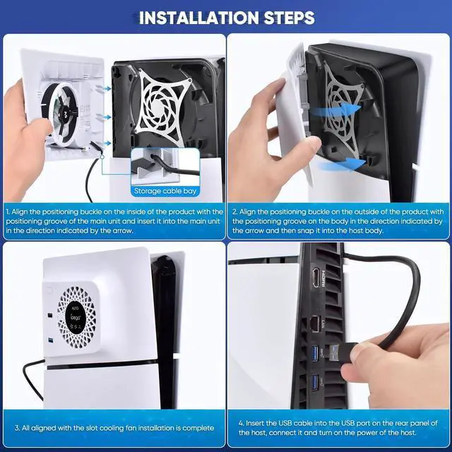 Alt view image 7 of 7 - BONAEVER RGB Cooling Fan with Plate Cover for PS5 Slim Digital/Disc, Auto Speed Adjustable by Temperature Sensor, 3 Fan Speed Manual & USB3.0 Hubs, Cooler System Accessories for PS5 Slim Console
