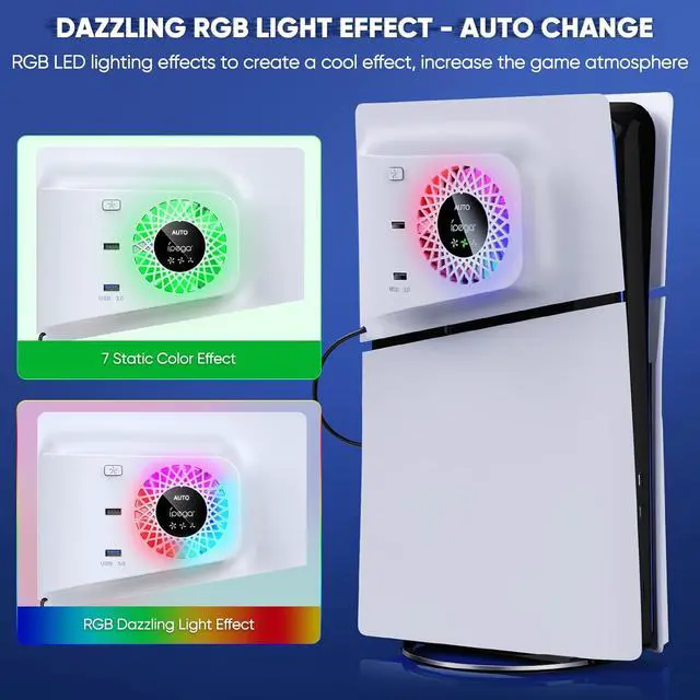 Alt view image 3 of 7 - BONAEVER RGB Cooling Fan with Plate Cover for PS5 Slim Digital/Disc, Auto Speed Adjustable by Temperature Sensor, 3 Fan Speed Manual & USB3.0 Hubs, Cooler System Accessories for PS5 Slim Console