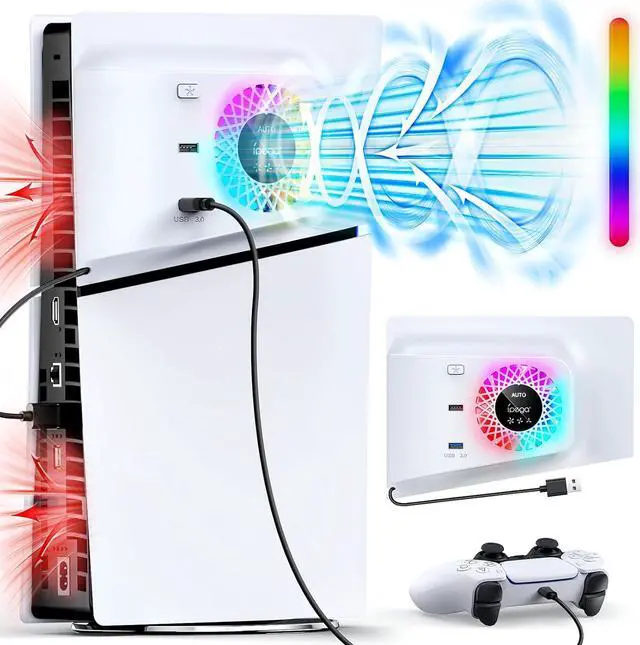 Main image of BONAEVER RGB Cooling Fan with Plate Cover for PS5 Slim Digital/Disc, Auto Speed Adjustable by Temperature Sensor, 3 Fan Speed Manual & USB3.0 Hubs, Cooler System Accessories for PS5 Slim Console