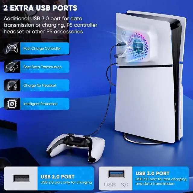 Alt view image 4 of 7 - BONAEVER RGB Cooling Fan with Plate Cover for PS5 Slim Digital/Disc, Auto Speed Adjustable by Temperature Sensor, 3 Fan Speed Manual & USB3.0 Hubs, Cooler System Accessories for PS5 Slim Console