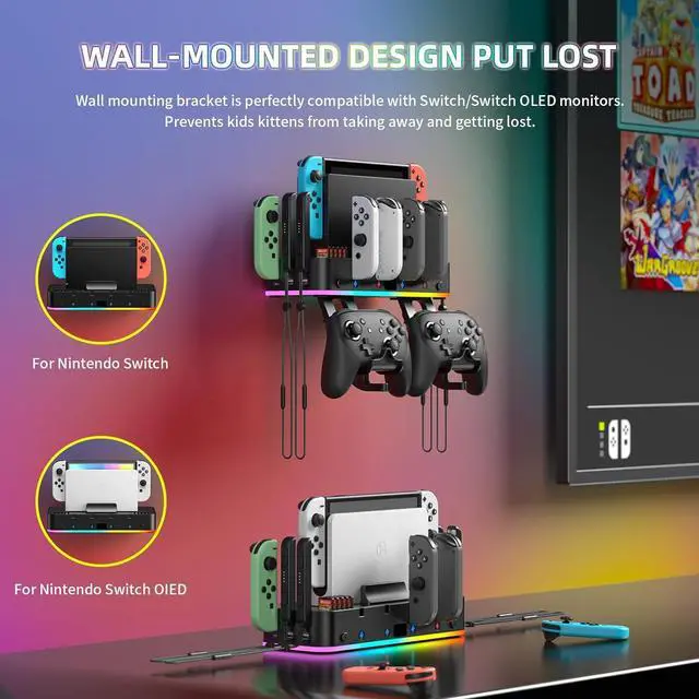 Alt view image 5 of 7 - BONAEVER RGB Switch Wall Mount with Joy-Con Charger, Switch Holder for Nintendo Switch / OLED with Switch Organizer, Switch Accessories with 15 Light Mode 4 Controller Charger, 2 USB Port 10 Card Slot