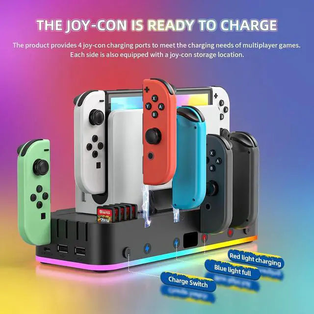 Alt view image 4 of 7 - BONAEVER RGB Switch Wall Mount with Joy-Con Charger, Switch Holder for Nintendo Switch / OLED with Switch Organizer, Switch Accessories with 15 Light Mode 4 Controller Charger, 2 USB Port 10 Card Slot