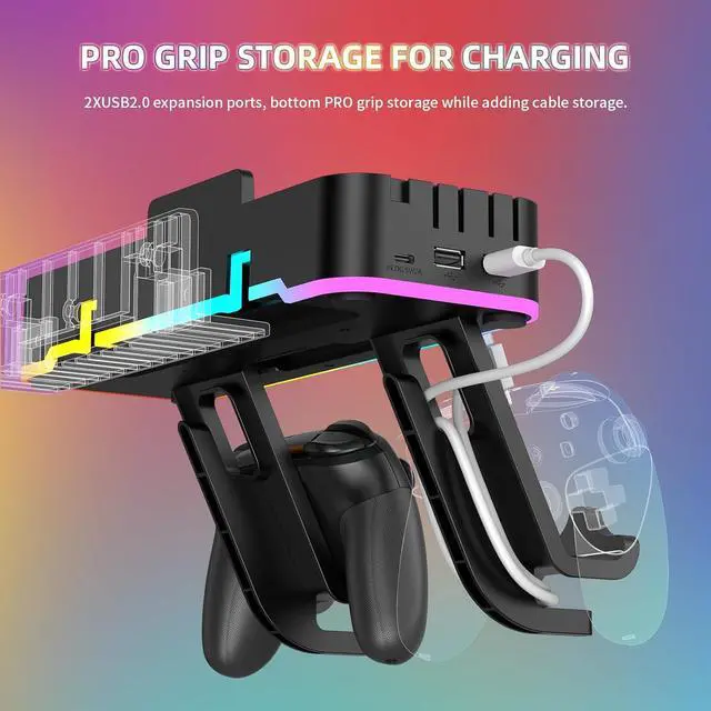 Alt view image 6 of 7 - BONAEVER RGB Switch Wall Mount with Joy-Con Charger, Switch Holder for Nintendo Switch / OLED with Switch Organizer, Switch Accessories with 15 Light Mode 4 Controller Charger, 2 USB Port 10 Card Slot