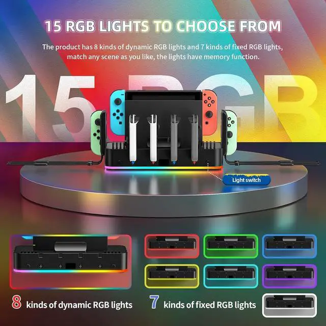 Alt view image 2 of 7 - BONAEVER RGB Switch Wall Mount with Joy-Con Charger, Switch Holder for Nintendo Switch / OLED with Switch Organizer, Switch Accessories with 15 Light Mode 4 Controller Charger, 2 USB Port 10 Card Slot