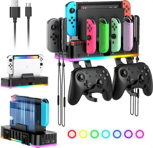 Main image of BONAEVER RGB Switch Wall Mount with Joy-Con Charger, Switch Holder for Nintendo Switch / OLED with Switch Organizer, Switch Accessories with 15 Light Mode 4 Controller Charger, 2 USB Port 10 Card Slot