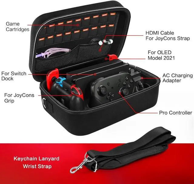 Alt view image 7 of 7 - Carrying Storage Case for Nintendo Switch/For Switch OLED Model (2021),Portable Travel All Protective Hard Messenger Bag Soft Lining 18Games for Switch Console Pro Controller Accessories Black