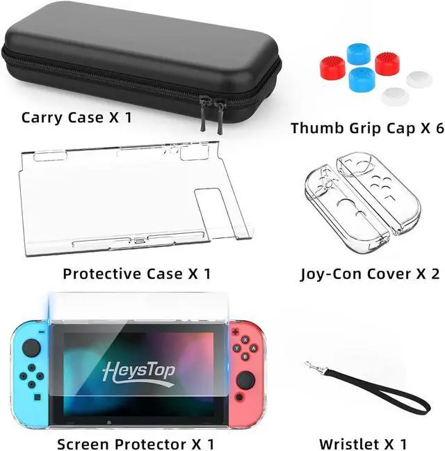 Alt view image 6 of 7 - BONAEVER Switch Case Compatible with Nintendo Switch, 9 in 1 Switch Accessories kit with Carrying Case, Dockable Protective Case, HD Screen Protector and 6pcs Thumb Grips Caps