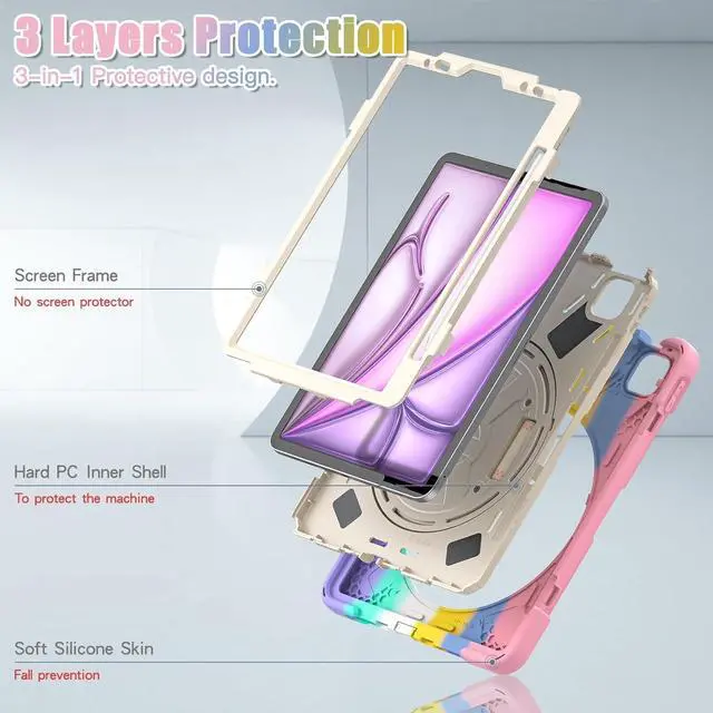 Alt view image 7 of 7 - For iPad Air 13 inch 2025 2024 M2, iPad Pro 12.9 inch 2022 2021 2020 2018 Shockproof Cover with Pen Holder Stand /Shoulder Strap For iPad Air 13" 2025 2024, iPad Pro 12.9 6th 5th 4th 3rd Gen