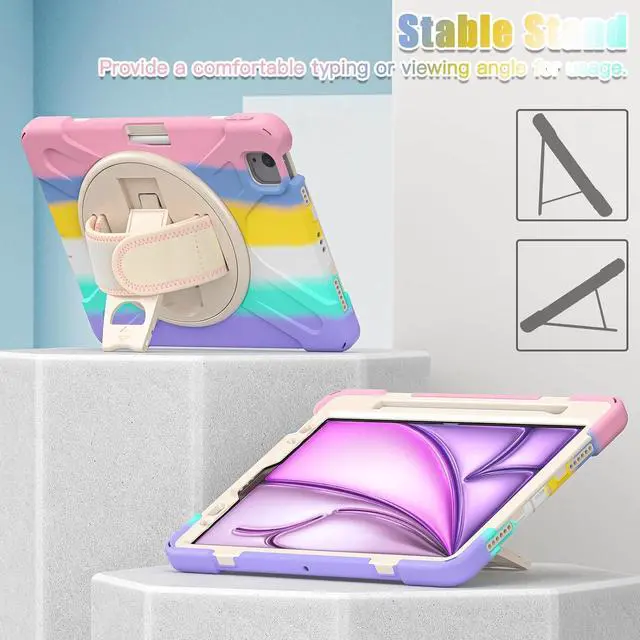 Alt view image 2 of 7 - For iPad Air 13 inch 2025 2024 M2, iPad Pro 12.9 inch 2022 2021 2020 2018 Shockproof Cover with Pen Holder Stand /Shoulder Strap For iPad Air 13" 2025 2024, iPad Pro 12.9 6th 5th 4th 3rd Gen