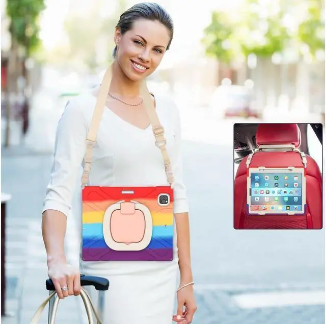 Alt view image 4 of 7 - BONAEVER For iPad Air 13 inch 2025 M3 2024 M2, iPad Pro 12.9 inch 6th 5th 4th 3rd Gen 2022 2021 2020 2018 Shockproof Cover with Pencil Holder, Stand, Shoulder Strap Rainbow Red