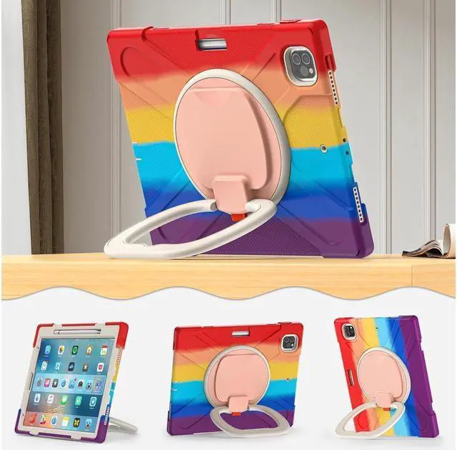 Alt view image 5 of 7 - BONAEVER For iPad Air 13 inch 2025 M3 2024 M2, iPad Pro 12.9 inch 6th 5th 4th 3rd Gen 2022 2021 2020 2018 Shockproof Cover with Pencil Holder, Stand, Shoulder Strap Rainbow Red