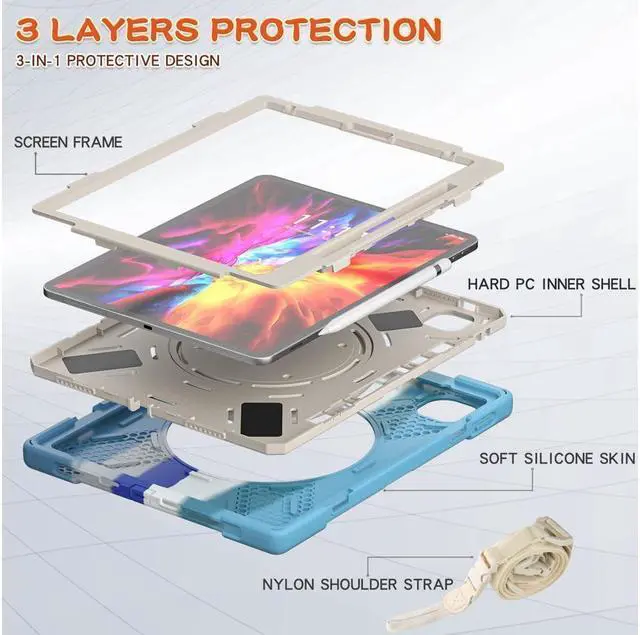 Alt view image 6 of 7 - BONAEVER For iPad Air 13 inch 2025 M3 2024 M2, iPad Pro 12.9 inch 6th 5th 4th 3rd Gen 2022 2021 2020 2018 Shockproof Cover with Pencil Holder, Stand, Shoulder Strap Blue/White