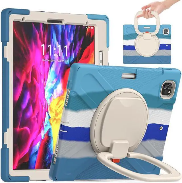 Main image of BONAEVER For iPad Air 13 inch 2025 M3 2024 M2, iPad Pro 12.9 inch 6th 5th 4th 3rd Gen 2022 2021 2020 2018 Shockproof Cover with Pencil Holder, Stand, Shoulder Strap Blue/White