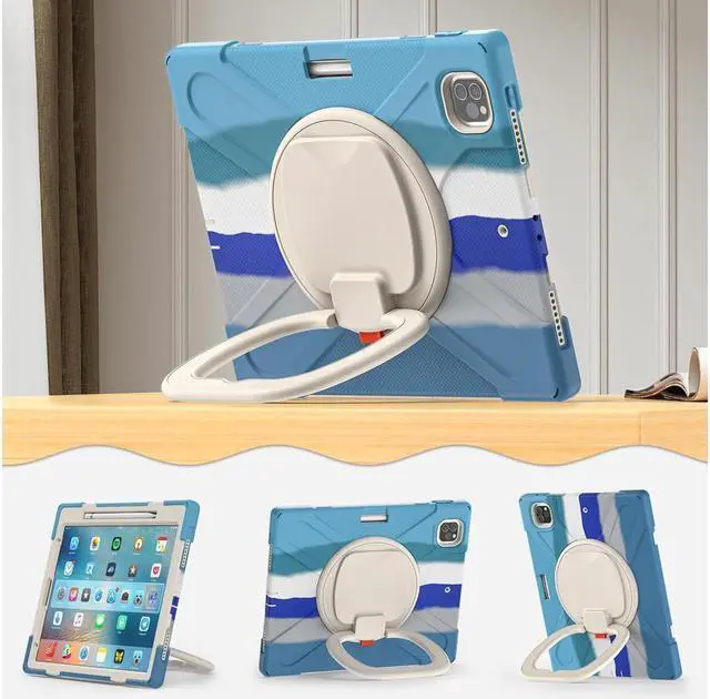 Alt view image 2 of 7 - BONAEVER For iPad Air 13 inch 2025 M3 2024 M2, iPad Pro 12.9 inch 6th 5th 4th 3rd Gen 2022 2021 2020 2018 Shockproof Cover with Pencil Holder, Stand, Shoulder Strap Blue/White