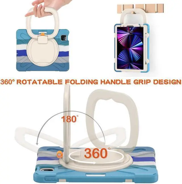 Alt view image 2 of 7 - BONAEVER Case for iPad Air 11 inch 2025 2024 M3 M2, iPad Air 5 Air 4 10.9 inch 2022 2020, iPad Pro 11 Inch 2022 2021 2020 2018 Shockproof Cover with Pencil Holder, Stand and Shoulder Strap Blue/White