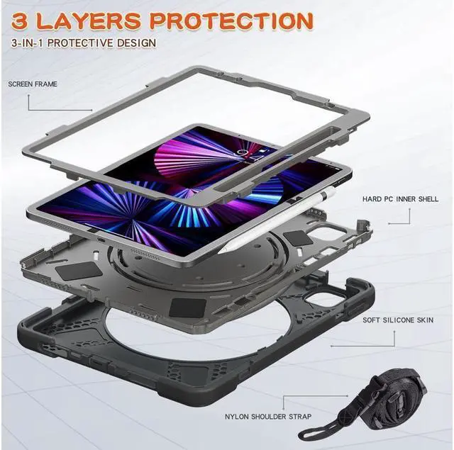 Alt view image 6 of 7 - BONAEVER Case for iPad Air 11 inch 2025 2024 M3 M2, iPad Air 5 Air 4 10.9 inch 2022 2020, iPad Pro 11 Inch 2022 2021 2020 2018 Shockproof Cover with Pencil Holder, Stand and Shoulder Strap Gray