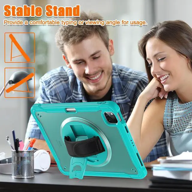 Alt view image 4 of 7 - BONAEVER For iPad Air 13 inch 2025 M3 2024 M2, iPad Pro 12.9 inch 6th 5th 4th 3rd Gen 2022 2021 2020 2018 Shockproof Cover with Pencil Holder, Rotatable Stand, Shoulder Strap Blue