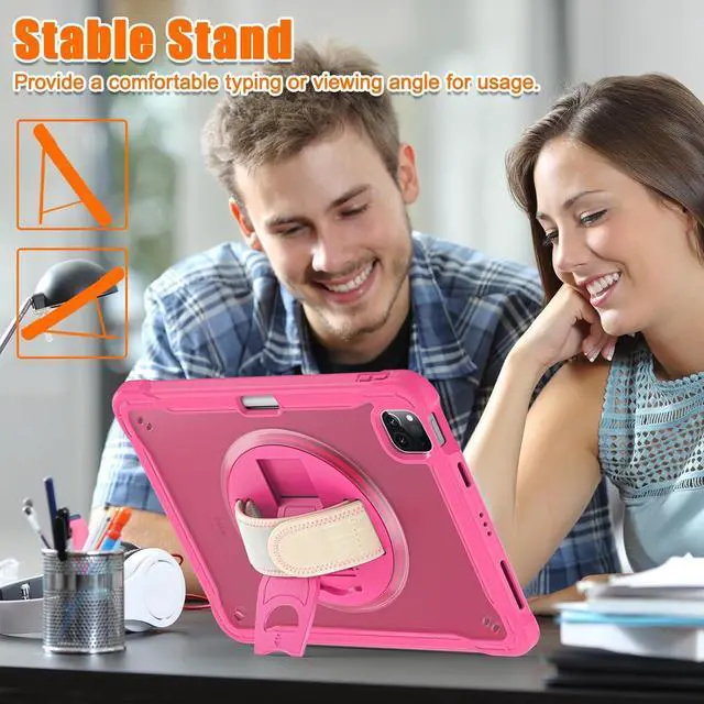Alt view image 3 of 7 - BONAEVER For iPad Air 13 inch 2025 M3 2024 M2, iPad Pro 12.9 inch 6th 5th 4th 3rd Gen 2022 2021 2020 2018 Shockproof Cover with Pencil Holder, Rotatable Stand, Shoulder Strap Rose Red