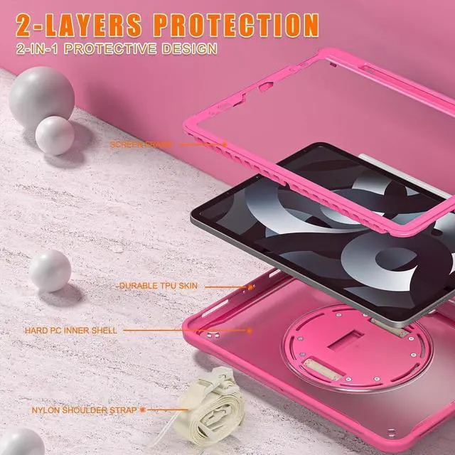 Alt view image 7 of 7 - BONAEVER For iPad Air 13 inch 2025 M3 2024 M2, iPad Pro 12.9 inch 6th 5th 4th 3rd Gen 2022 2021 2020 2018 Shockproof Cover with Pencil Holder, Rotatable Stand, Shoulder Strap Rose Red