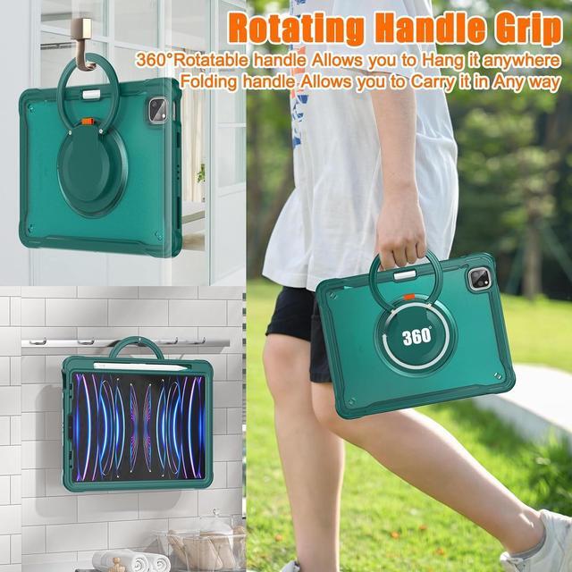 Alt view image 6 of 7 - BONAEVER For iPad Air 13 inch 2024 (M2), iPad Pro 12.9 inch 2022 6th 2021 5th 2020 4th 2018 Shockproof Cover with Pencil Holder, Rotatable Stand, Shoulder Strap Dark Green