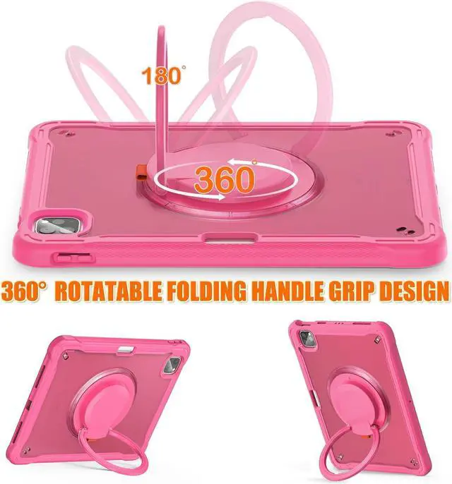 Alt view image 4 of 7 - BONAEVER For iPad Air 13 inch 2024 (M2), iPad Pro 12.9 inch 2022 6th 2021 5th 2020 4th 2018 Shockproof Cover with Pencil Holder, Rotatable Stand, Shoulder Strap Rose Red