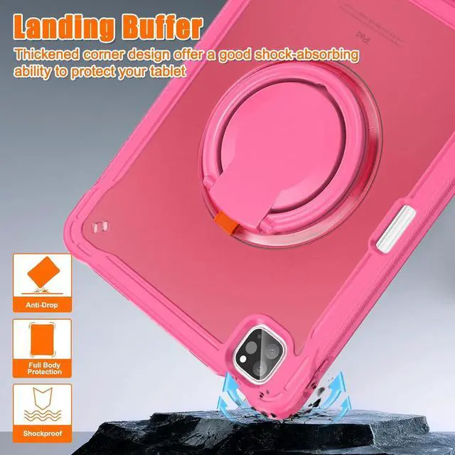 Alt view image 3 of 7 - BONAEVER For iPad Air 13 inch 2024 (M2), iPad Pro 12.9 inch 2022 6th 2021 5th 2020 4th 2018 Shockproof Cover with Pencil Holder, Rotatable Stand, Shoulder Strap Rose Red