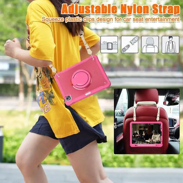 Alt view image 2 of 7 - BONAEVER For iPad Air 13 inch 2024 (M2), iPad Pro 12.9 inch 2022 6th 2021 5th 2020 4th 2018 Shockproof Cover with Pencil Holder, Rotatable Stand, Shoulder Strap Rose Red