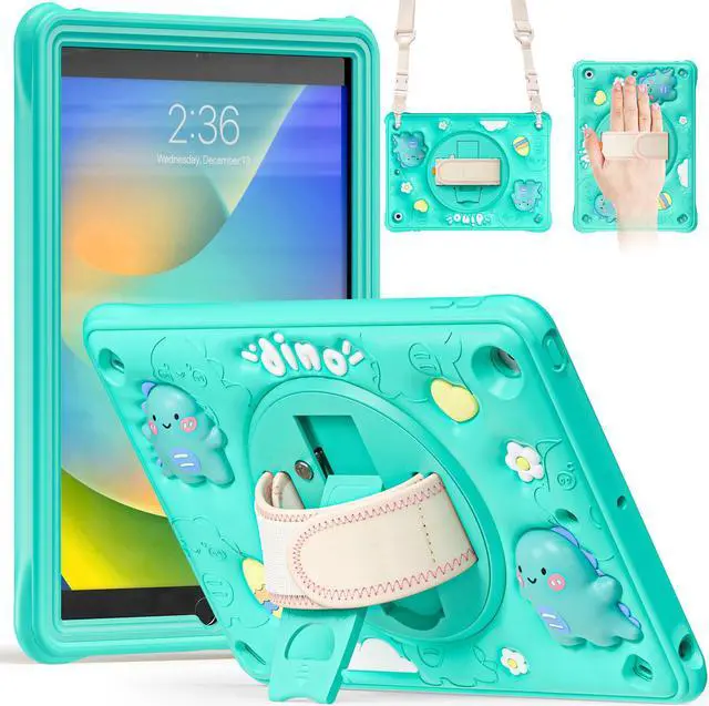 Main image of BONAEVER Kids Case for iPad 9th 8th 7th Gen 10.2 inch 2021 2020 2019 with Portable Hybrid ShockProof Cover with Hand/Shoulder Strap, Rotating Stand, Pencil Holder Green
