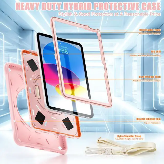 Alt view image 7 of 7 - BONAEVER Case for iPad (A16) 11th Generation 11 Inch 2025, iPad 10th Generation 10.9 inch 2022, Military Grade Heavy Duty Silicone Protective Cover + Pen Holder+ Rotating Stand+ Handle+ Shoulder Strap