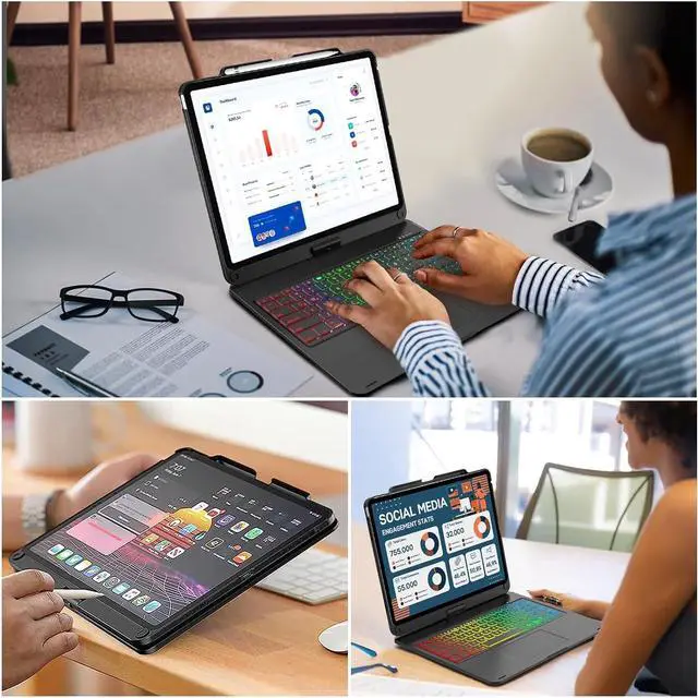 Alt view image 7 of 7 - BONAEVER Wireless Keyboard Case for iPad Air 13 inch M3 2025 M2 2024, iPad Pro 12.9 6th 5th 4th 3rd Gen 2022 - 2018, Trackpad, 360° Rotatable, Wireless Keyboard Cover, Rainbow Backlits with Pen Holder
