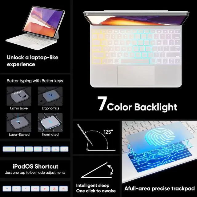 Alt view image 4 of 6 - BONAEVER Magic Keyboard Case for iPad Air 13 inch M3 M2 2025 2024, iPad Pro 12.9 6th 5th 4th 3rd Gen 2022 - 2018, Wireless Magnetic Keyboard Case with Trackpad, Floating Cantilever Stand, Backlits