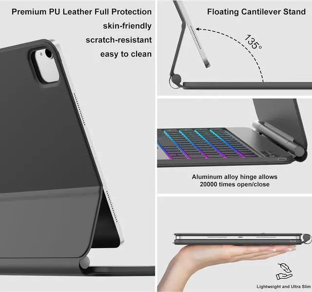 Alt view image 5 of 7 - BONAEVER Magic Keyboard Case for iPad Air 13 M3 2025 M2 2024 and iPad Pro 12.9 6th/5th/4th/3rd Gen, Wireless Magnetic Keyboard Case with Trackpad, Floating Cantilever Stand, Rainbow Backlits Keyboard