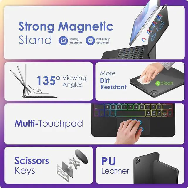 Alt view image 5 of 7 - BONAEVER iPad Air 11 inch case with Keyboard 2025 (M3) 2024 (M2), Magic Stand, 7-Color Backlit, Trackpad, Magic Keyboard case for iPad Pro 11 inch 4th 3rd 2nd 1st Gen & iPad Air 10.9 inch 5th 4th Gen