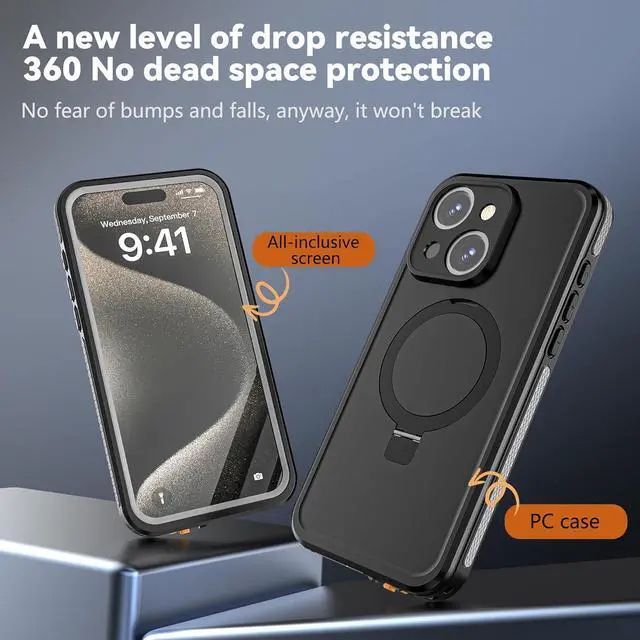 Alt view image 7 of 7 - BONAEVER Waterproof Case for iPhone 15 6.1 inch with Magnetic Stand, IP68 Waterproof Dustproof Case [Compatible with MagSafe] [Built-in Screen Protector] Full Body Heavy Protective Cover